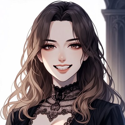 Anime girl smiling in black lace dress