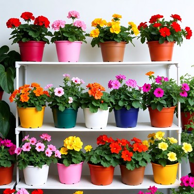 Colorful Geraniums in Pots on Shelves