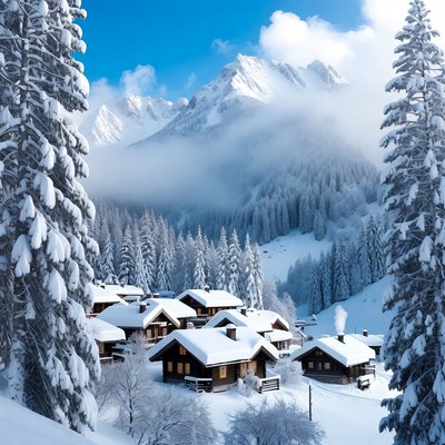 Snowy Alpine Village in Mountains
