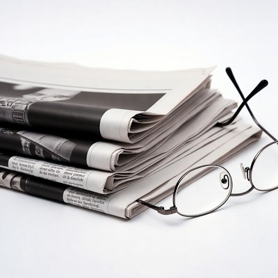 Stack of newspapers with reading glasses