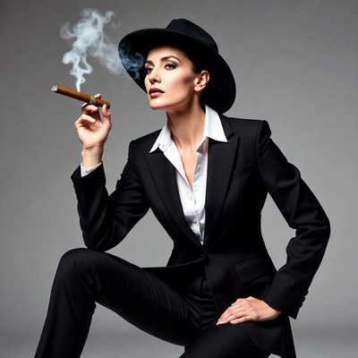 Woman smoking cigar in black suit