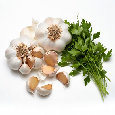 Fresh Garlic Bulbs and Parsley
