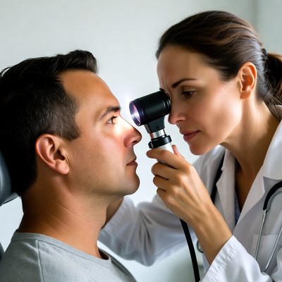 Female doctor examining man's eyes