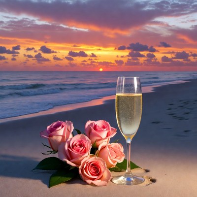 Pink Roses Champagne Glass Beach Sunset