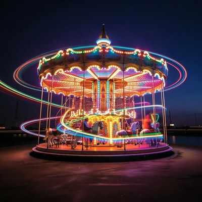 Colorful Carousel at Night with Light Trails