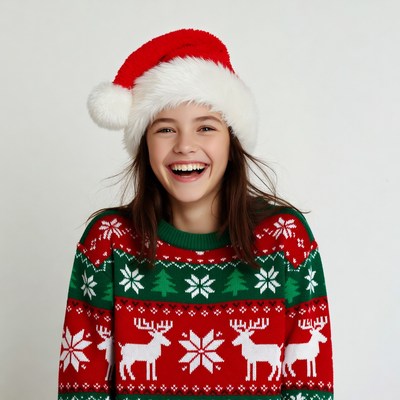 Girl smiling in Santa hat and Christmas sweater