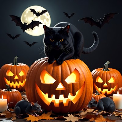 Black Cat on Halloween Pumpkin