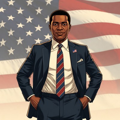 African-American man in suit with American flag
