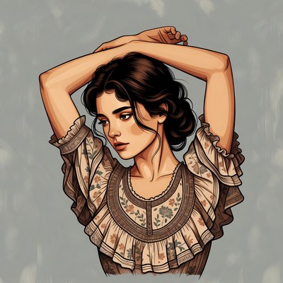 Woman with arms raised in vintage dress