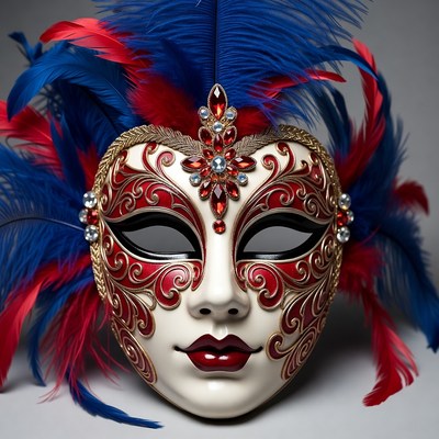 Red Blue Feathered Venetian Masquerade Mask