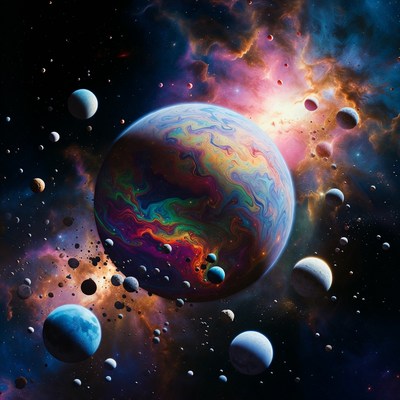 Colorful Iridescent Planet in Nebula