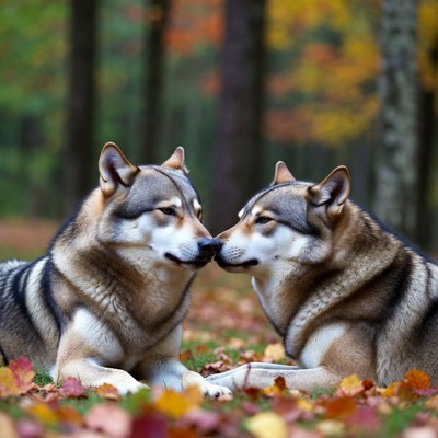 Two wolves nuzzling in autumn forest