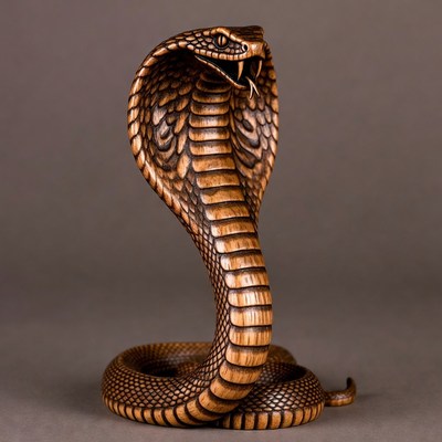 Carved wooden cobra hood raised