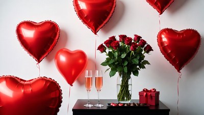 Red Heart Balloons Roses Champagne