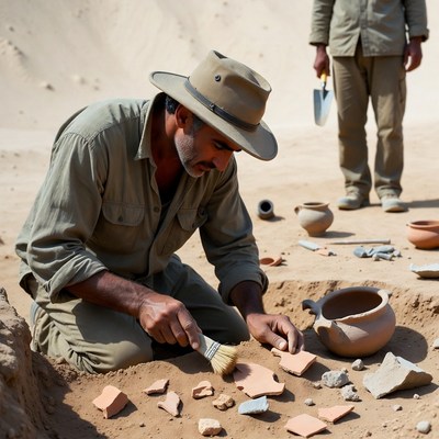 Archaeologist brushing pottery shards