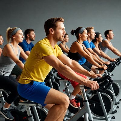 Group cycling class on spin bikes