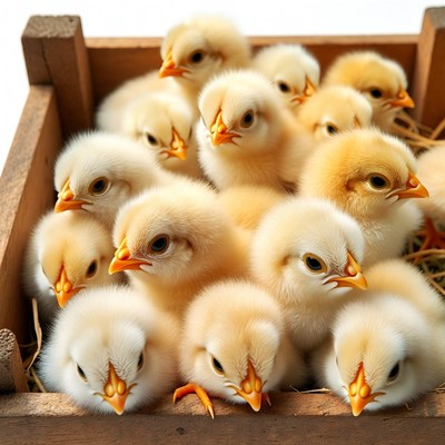 Baby Chickens in Wooden Crate