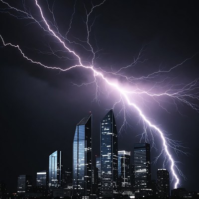 Lightning Storm Over City Skyline