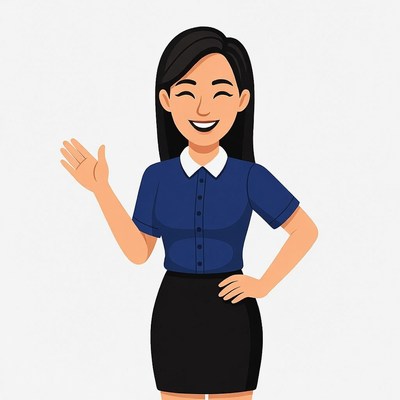 Asian woman waving in office attire