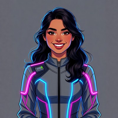 Smiling Latina Woman in Neon Sci-Fi Jacket
