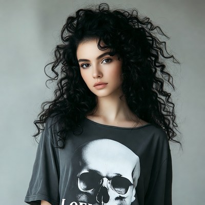 Woman in skull t-shirt with curly hair