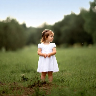 Toddler girl in white dress in grass