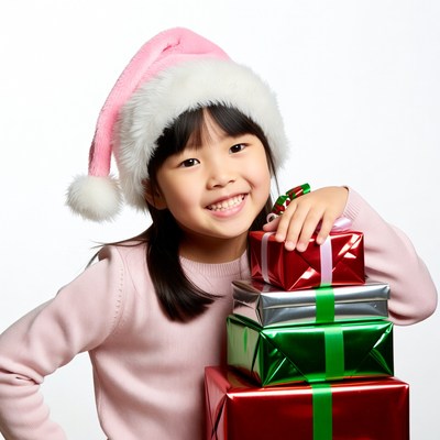 Asian girl holding Christmas presents