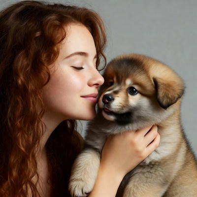Woman kissing cute puppy