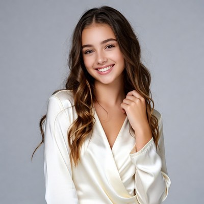 Smiling young woman in white satin dress