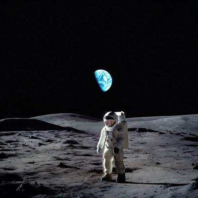Astronaut standing on moon gazing at Earth