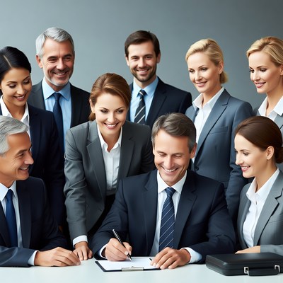 Business team signing contract together