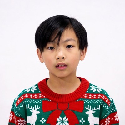 Asian boy in reindeer Christmas sweater