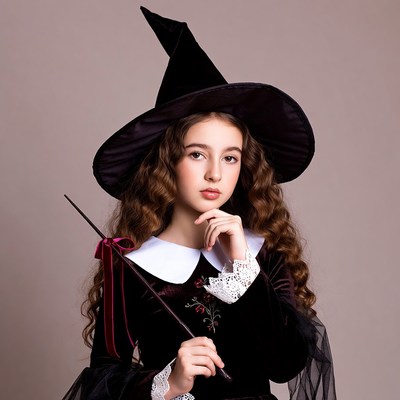 Girl in witch costume holding wand