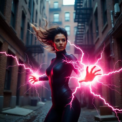 Woman wielding pink lightning in alley