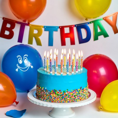 Blue Birthday Cake with Candles and Balloons