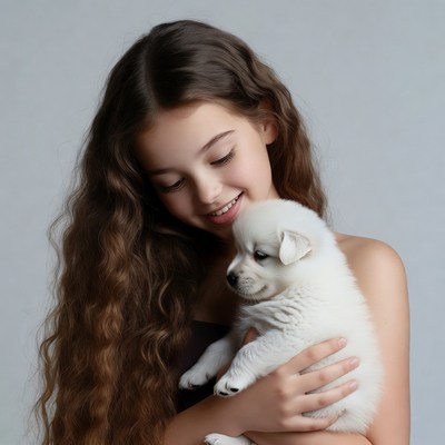 Girl holding white puppy