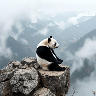 Panda sitting on mountain cliff