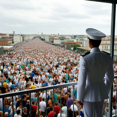 Naval officer overlooking massive crowd