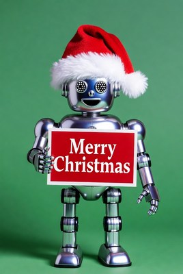 Robot holding Merry Christmas sign