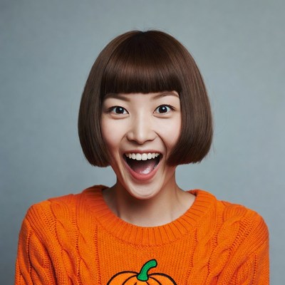 Asian woman smiling in pumpkin sweater
