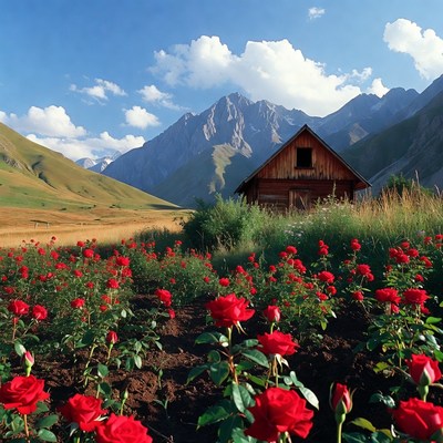 Wooden Cabin in Red Rose Field