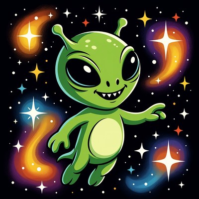 Cute green alien waving in space