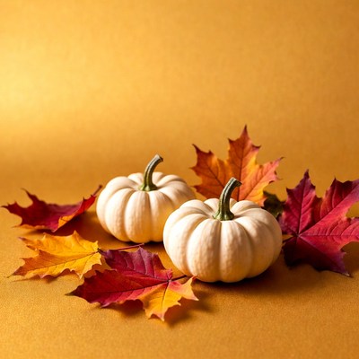 Two White Pumpkins with Autumn Leaves
