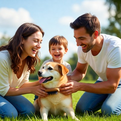Family playing with golden retriever puppy in park