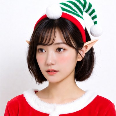 Asian woman in elf Santa costume