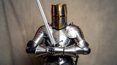 Knight in Gold-Trimmed Armor Holding Sword