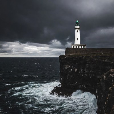 Lighthouse on Cliff in Stormy Sea