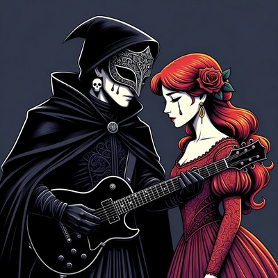 Phantom playing guitar for masked woman
