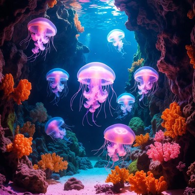 Glowing Jellyfish in Underwater Cave