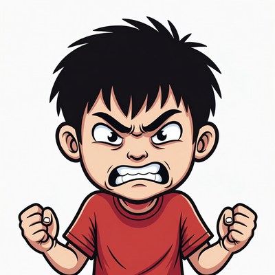 Angry cartoon boy clenching fists